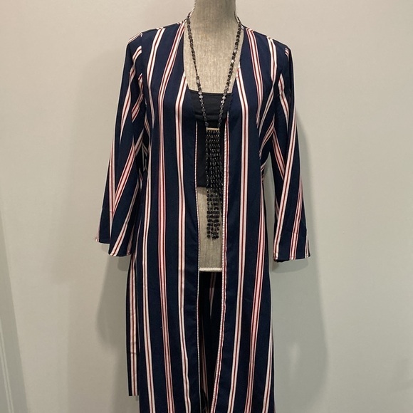 BLEUH Ciel Blue & Red Striped Duster Jacket Medium - Picture 4 of 16